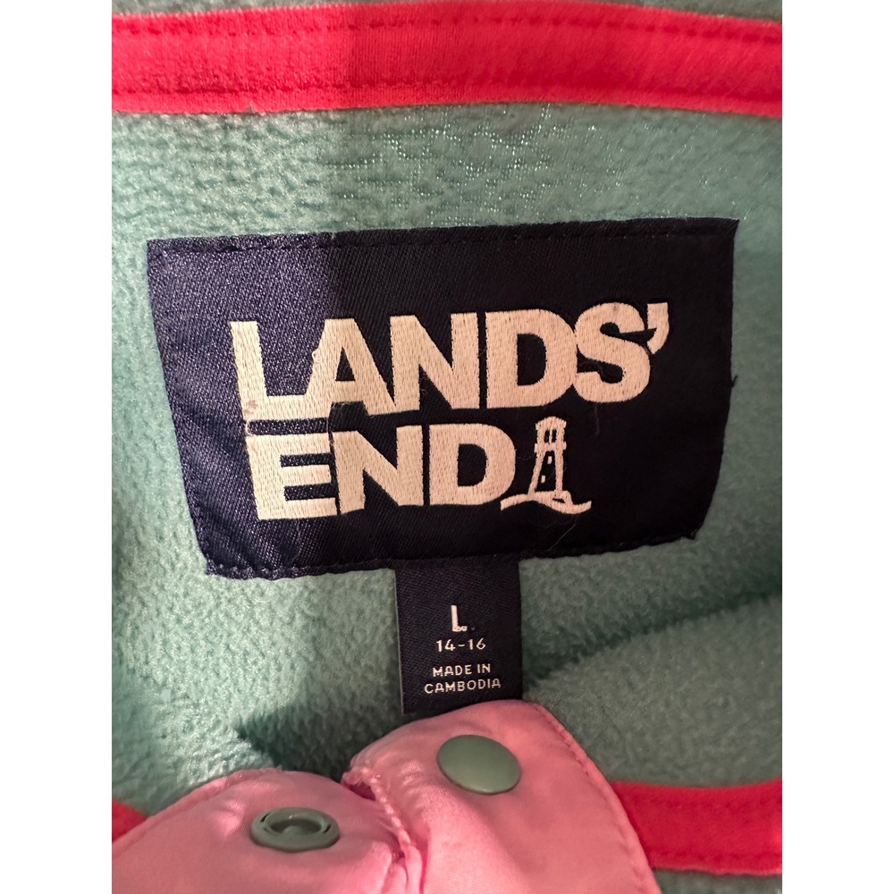 Lands End Kids Fleece Pullover Snap Mock Neck Teal Green Pink L 14-16 Colorblock - Picture 4 of 8